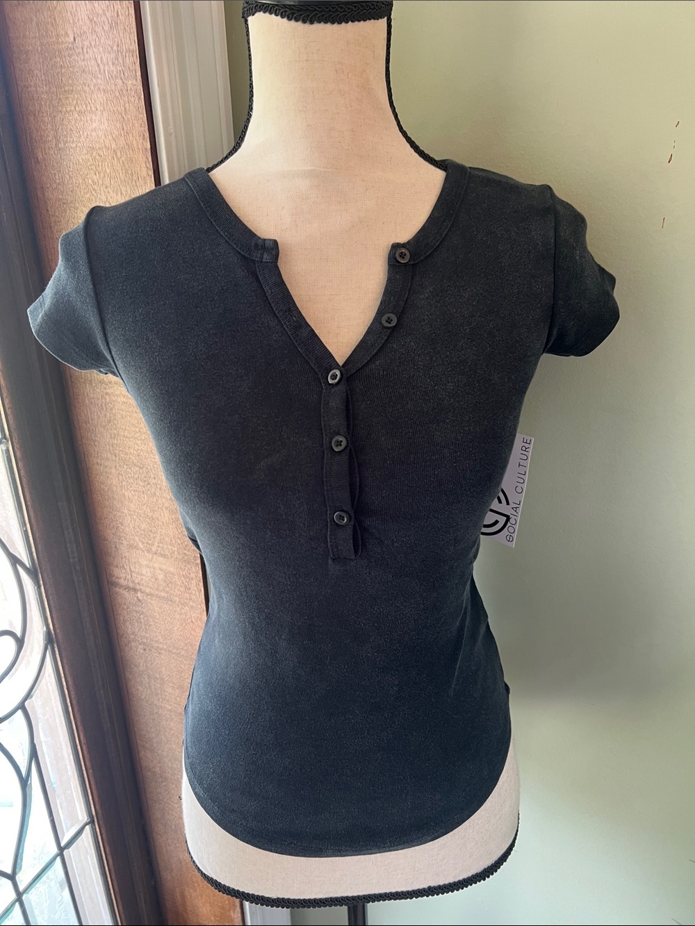 Social Culture Black Short-Sleeve Henley Top